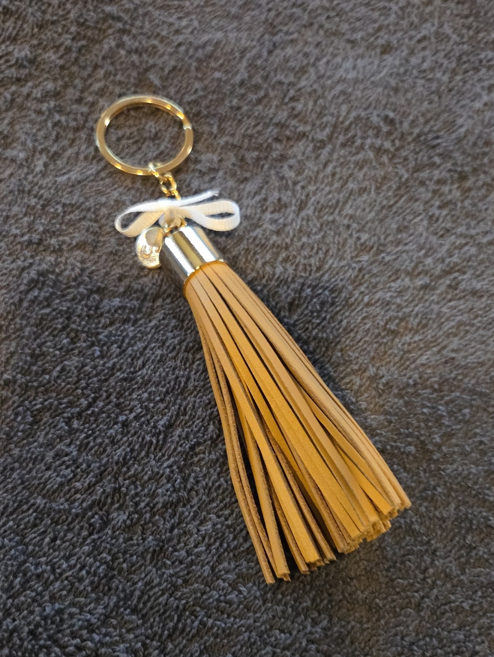 Gold Ring Tan Tassel With "S" Intial, Keychain with White Bow